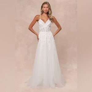 Lulu’s Glorious Luxury Sheer Tulle Embroidered Beaded Ballgown Wedding Dress